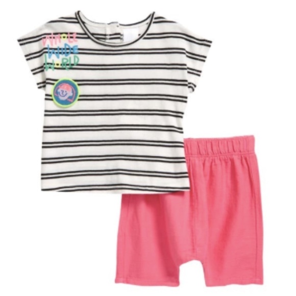 Open Edit Easy T Shirt and Shorts Set Ivory Cloud Black Stripe Organic Cotton - Picture 2 of 7